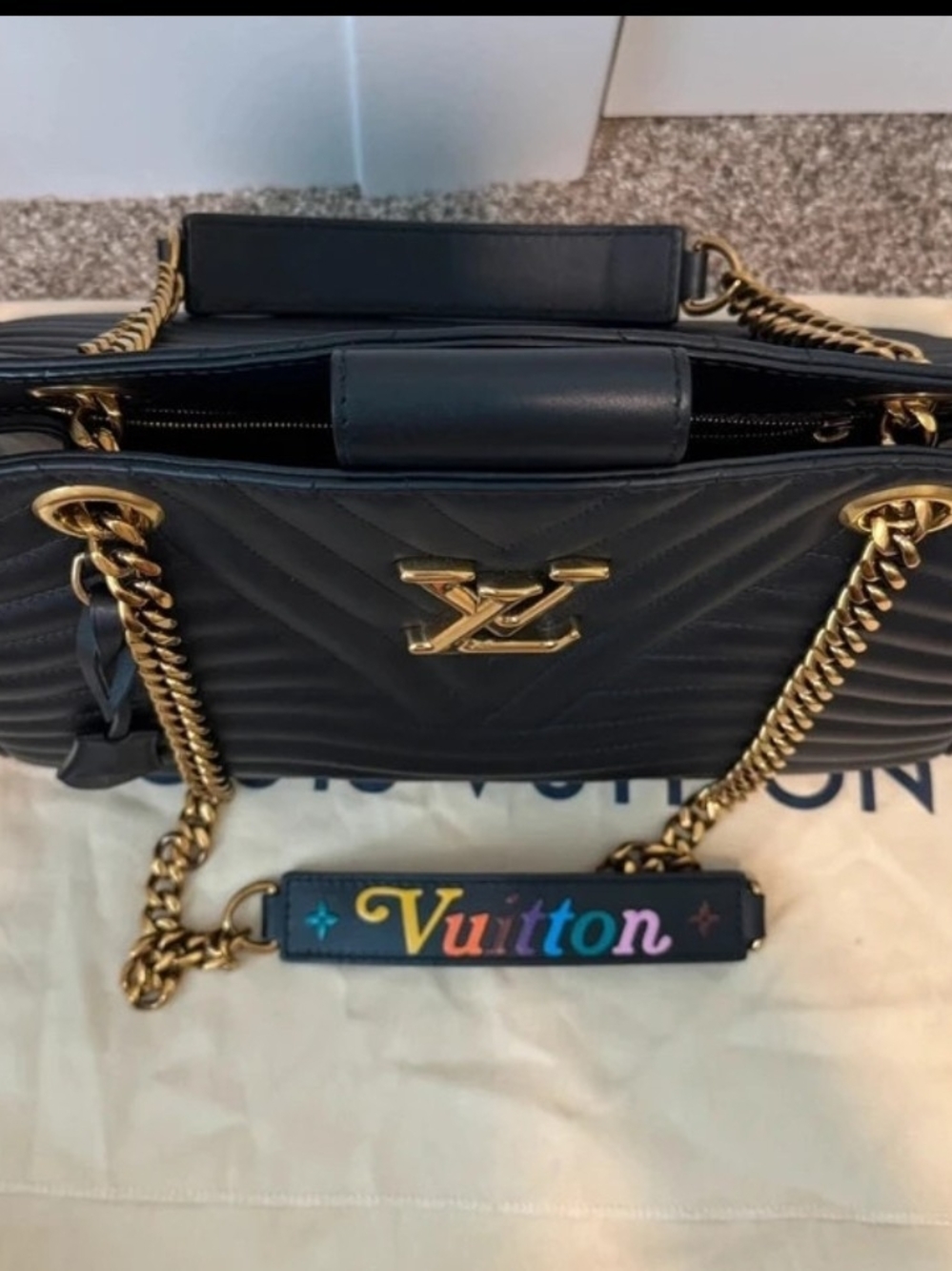 Louis Vuitton Black Leather Chain Shoulder Bag with Multicolor Strap